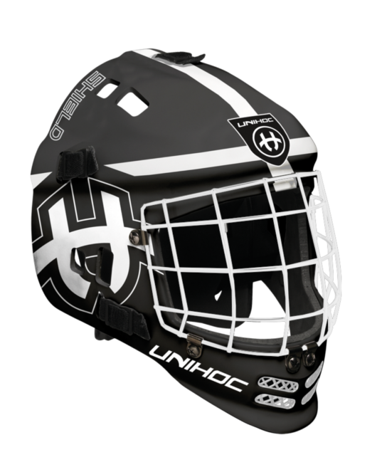 Floorballhelm von Unic in schwarz mit weißen Streifen