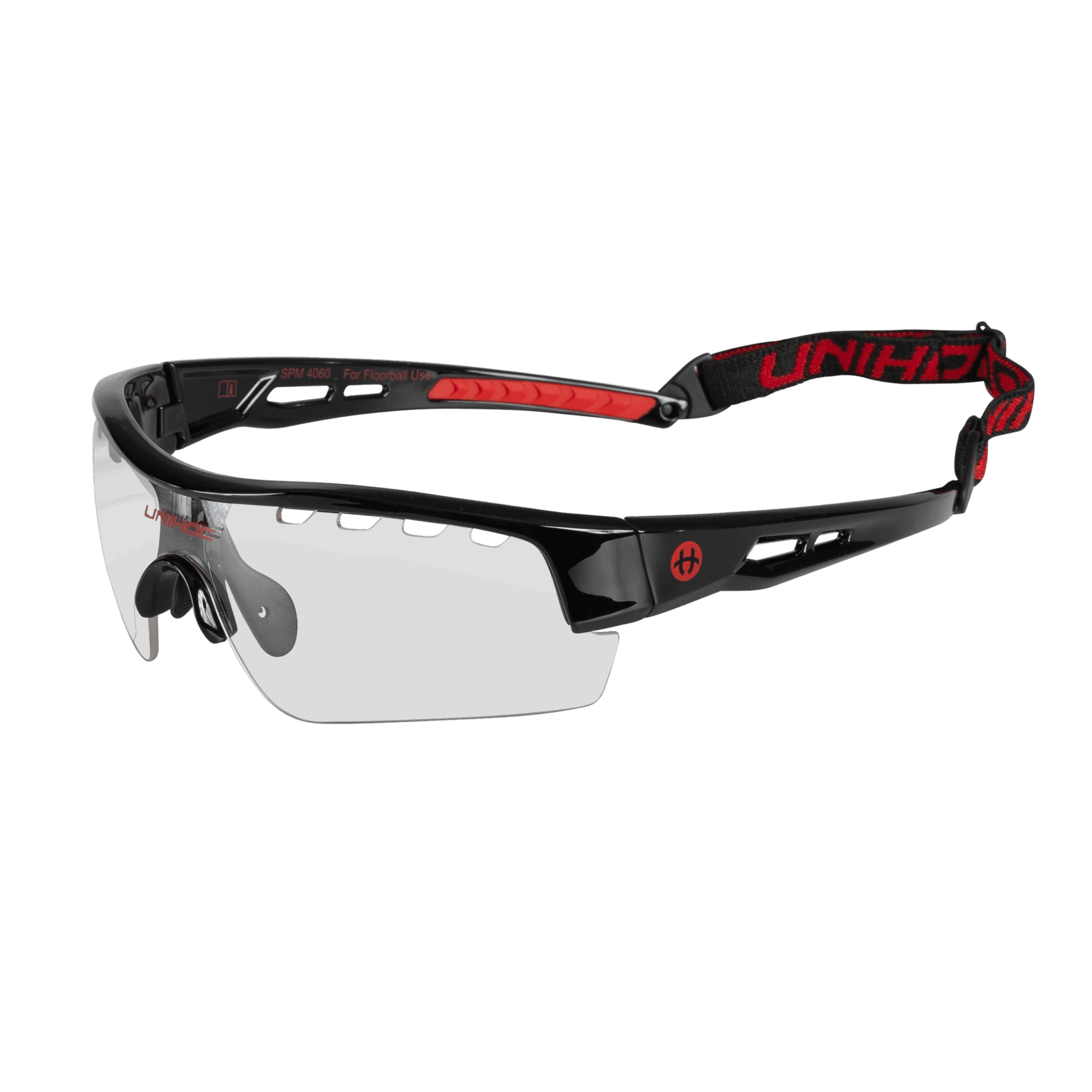 Floorballschutzbrille der Marke Unihoc. Das Bild zeigt eine mehrheitlich schwarze Brille mit dezenten Anteilen von Rot.